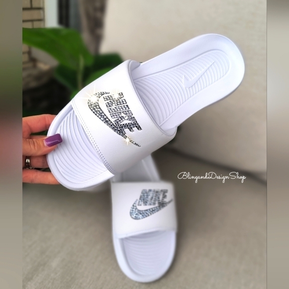 Women\'s Bling  Nike Victori One Sandal Slides Custom With Baby Blue Crystals